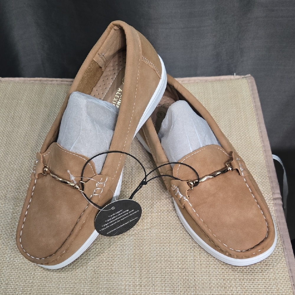 Women's Tan Suede-Look Slip-On Loafers with Gold Chain Accent